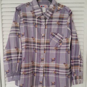 American Sweetheart Purple Grey Beige Floral Plaid Flannel Shirt Long Sleeve XL